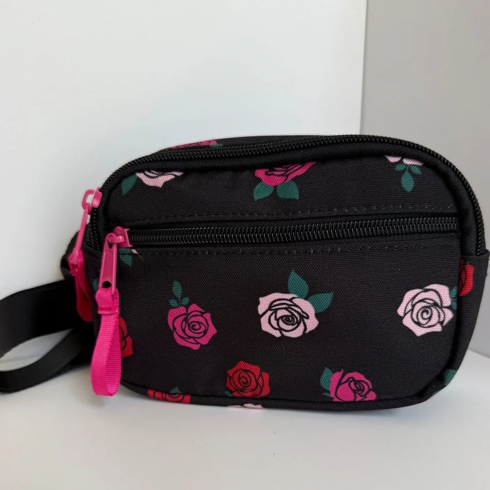 Girls Fanny Pack Black Floral Rose Waist Bag Belt purse coquette festival travel